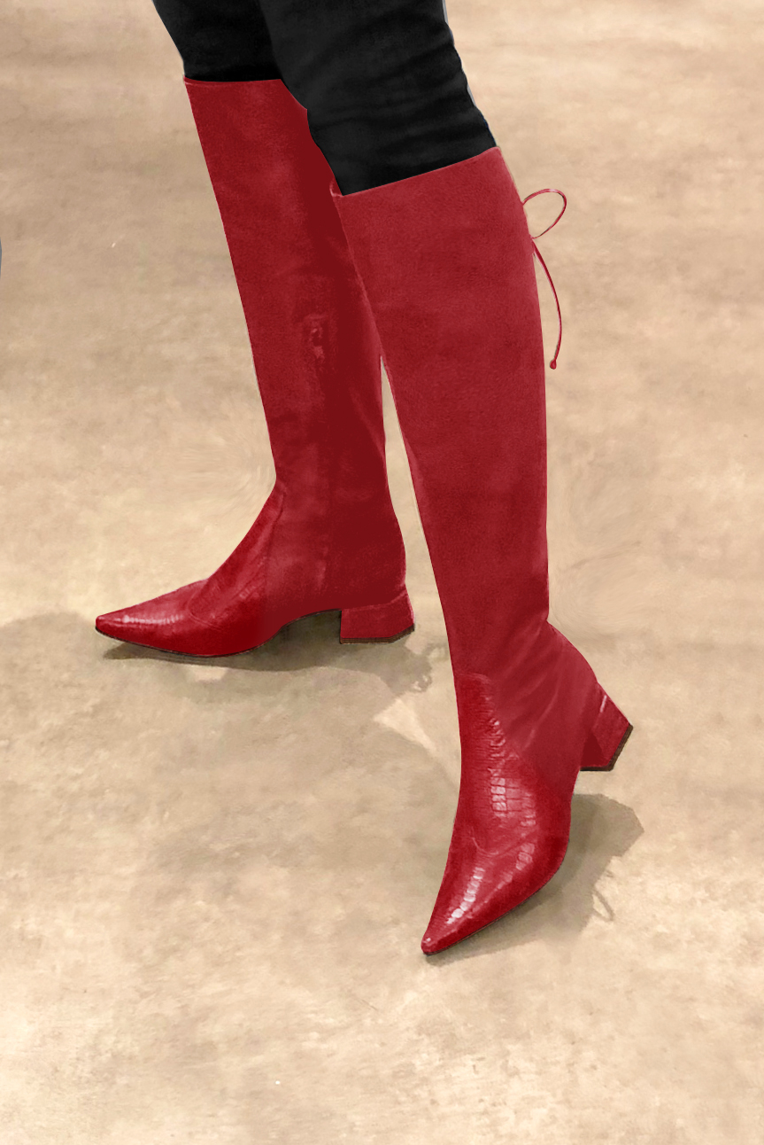 Scarlet red women's knee-high boots, with laces at the back. Pointed toe. Low flare heels. Made to measure. Worn view - Florence KOOIJMAN